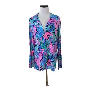Lilly Pulitzer PJ Knit Button Up Top Bringing Mermaid Back High Tide Navy XL